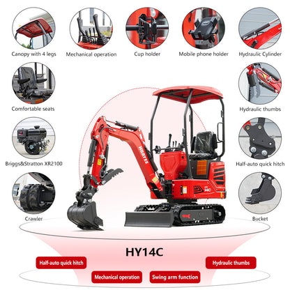 Mini Excavator with Hydraulic Thumb & Side Swing Boom - 13.5hp B&S Engine | HUAYEE HY14C