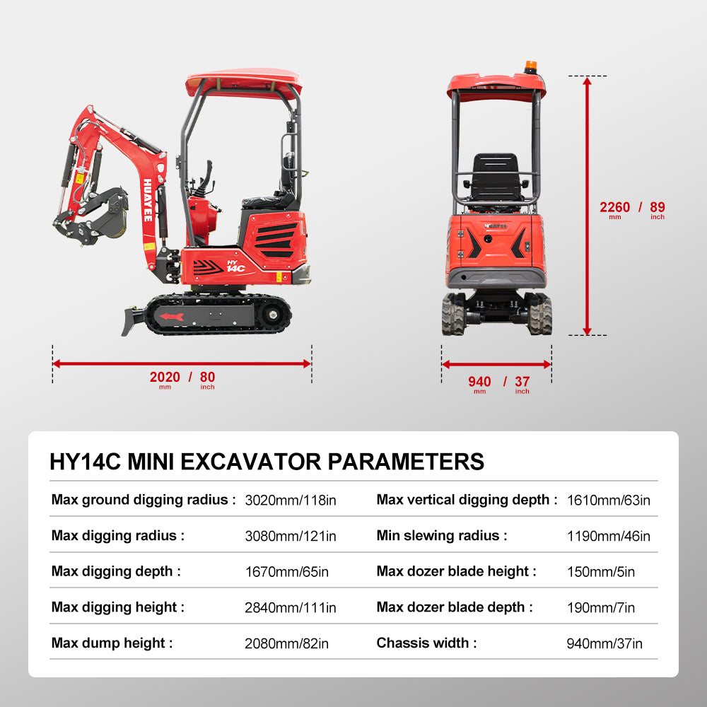 Mini Excavator with Hydraulic Thumb & Side Swing Boom - 13.5hp B&S Engine | HUAYEE HY14C