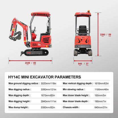 Mini Excavator with Hydraulic Thumb & Side Swing Boom - 13.5hp B&S Engine | HUAYEE HY14C