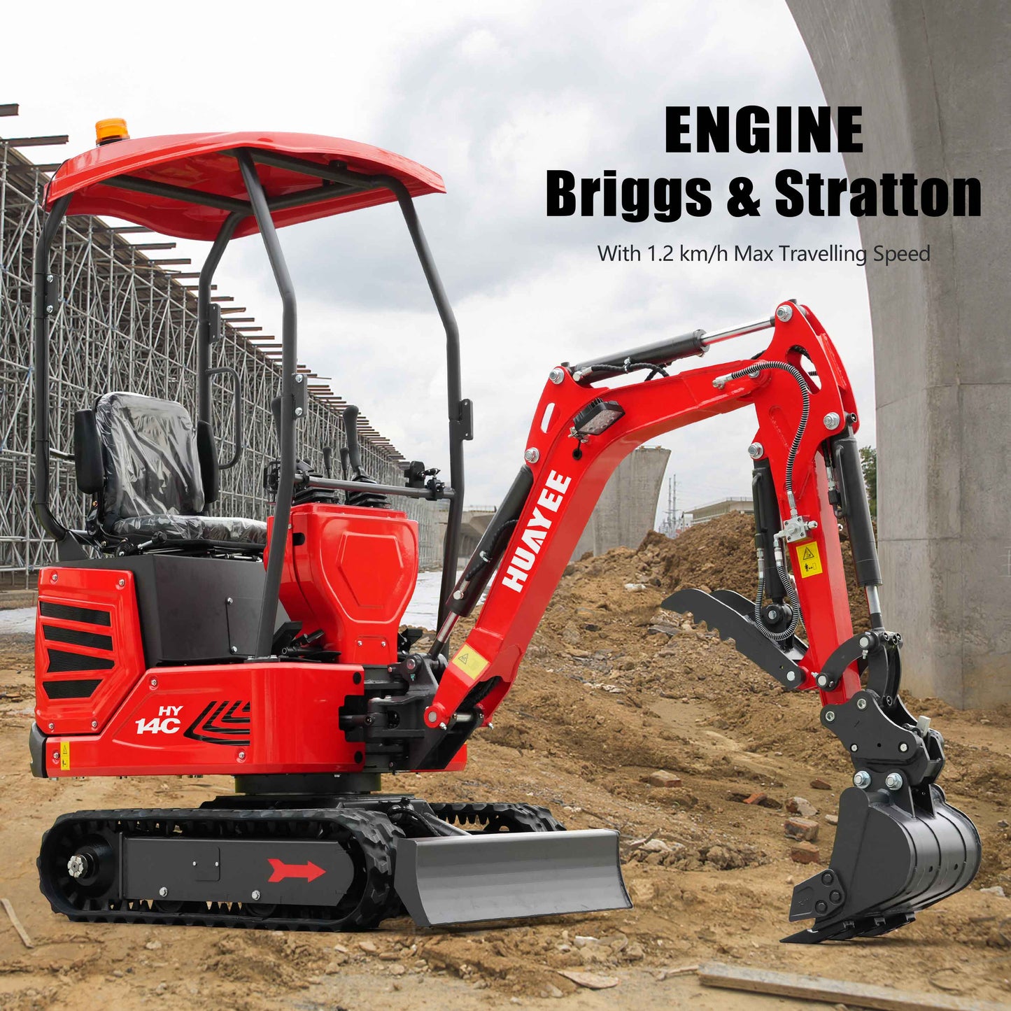 Mini Excavator with Hydraulic Thumb & Side Swing Boom - 13.5hp B&S Engine | HUAYEE HY14C