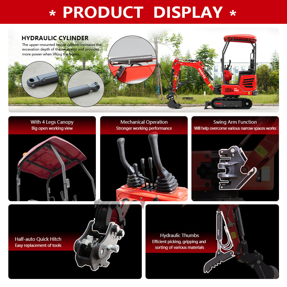 Mini Excavator with Hydraulic Thumb & Side Swing Boom - 13.5hp B&S Engine | HUAYEE HY14C