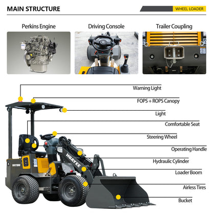 HUAYEE WHY1000 Mini Wheel Loader | 1000kg Lifting Capacity | Perkins 403J-11 Diesel Engine | EU Stage V & EPA Tier 4 Final